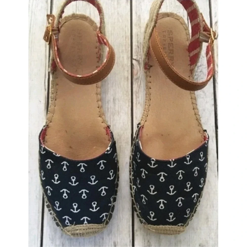 Sperry Top Sider 7.5 Hope Espadrilles Flats Navy Anchors Jute Rope trim Nautical